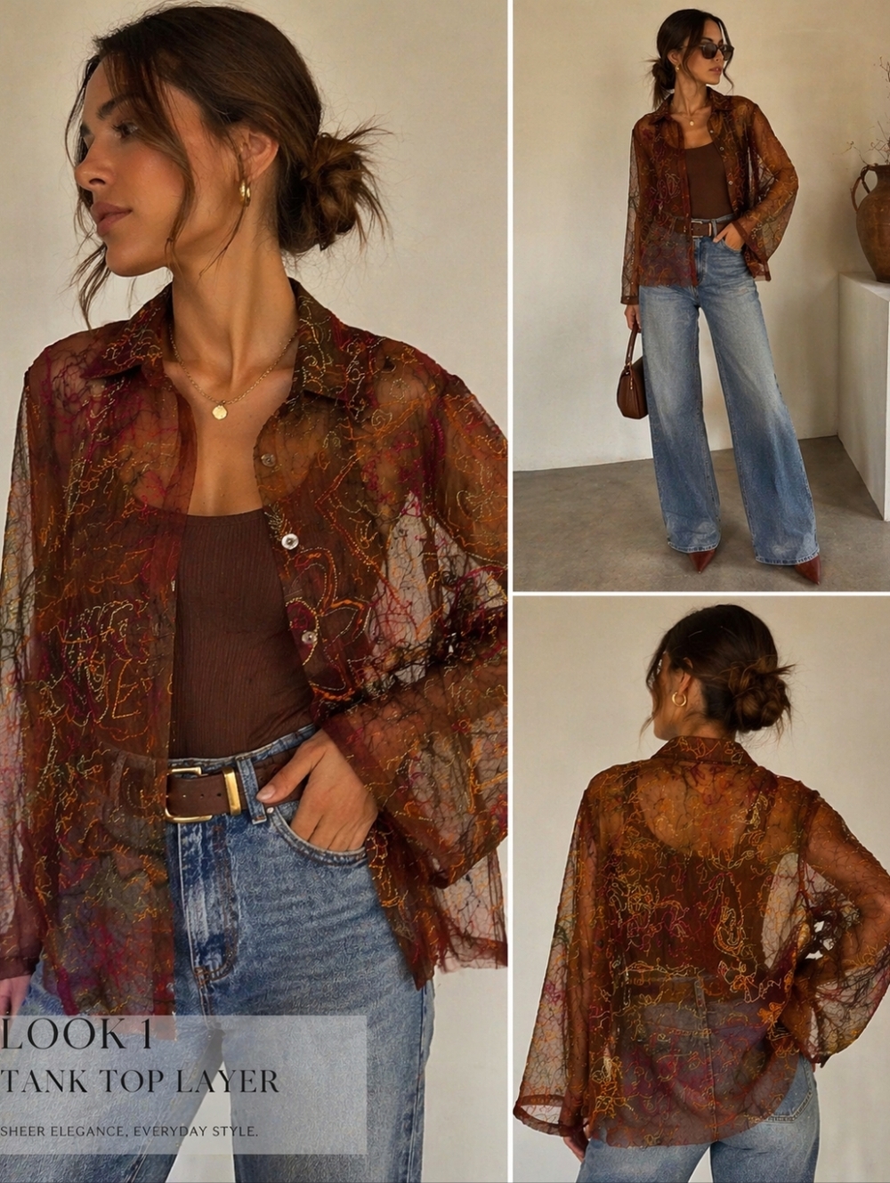 Chico's Sheer Geo-Print Button-Front Blouse in Rust and Brown Size L